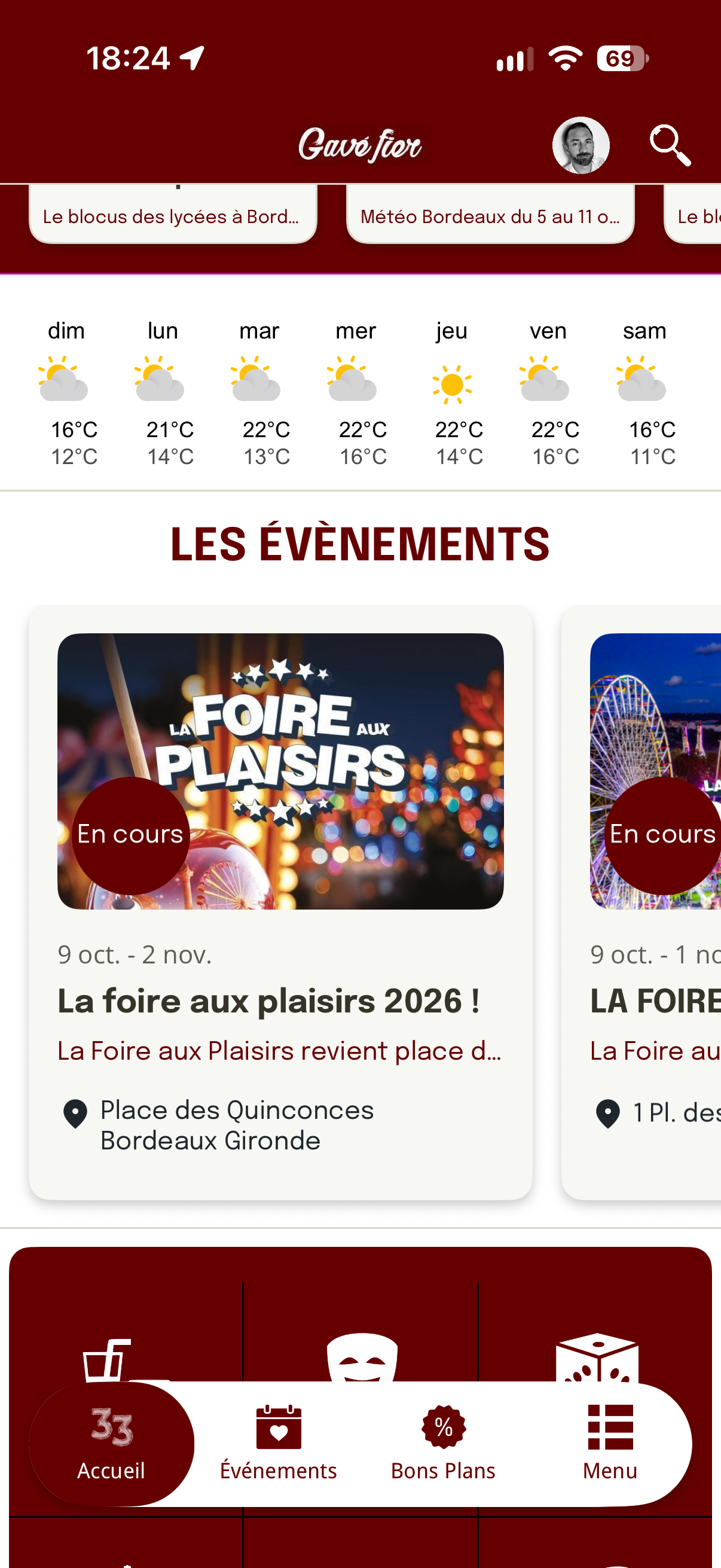 Accueil de l'application Gavé fier : météo et événements à Bordeaux