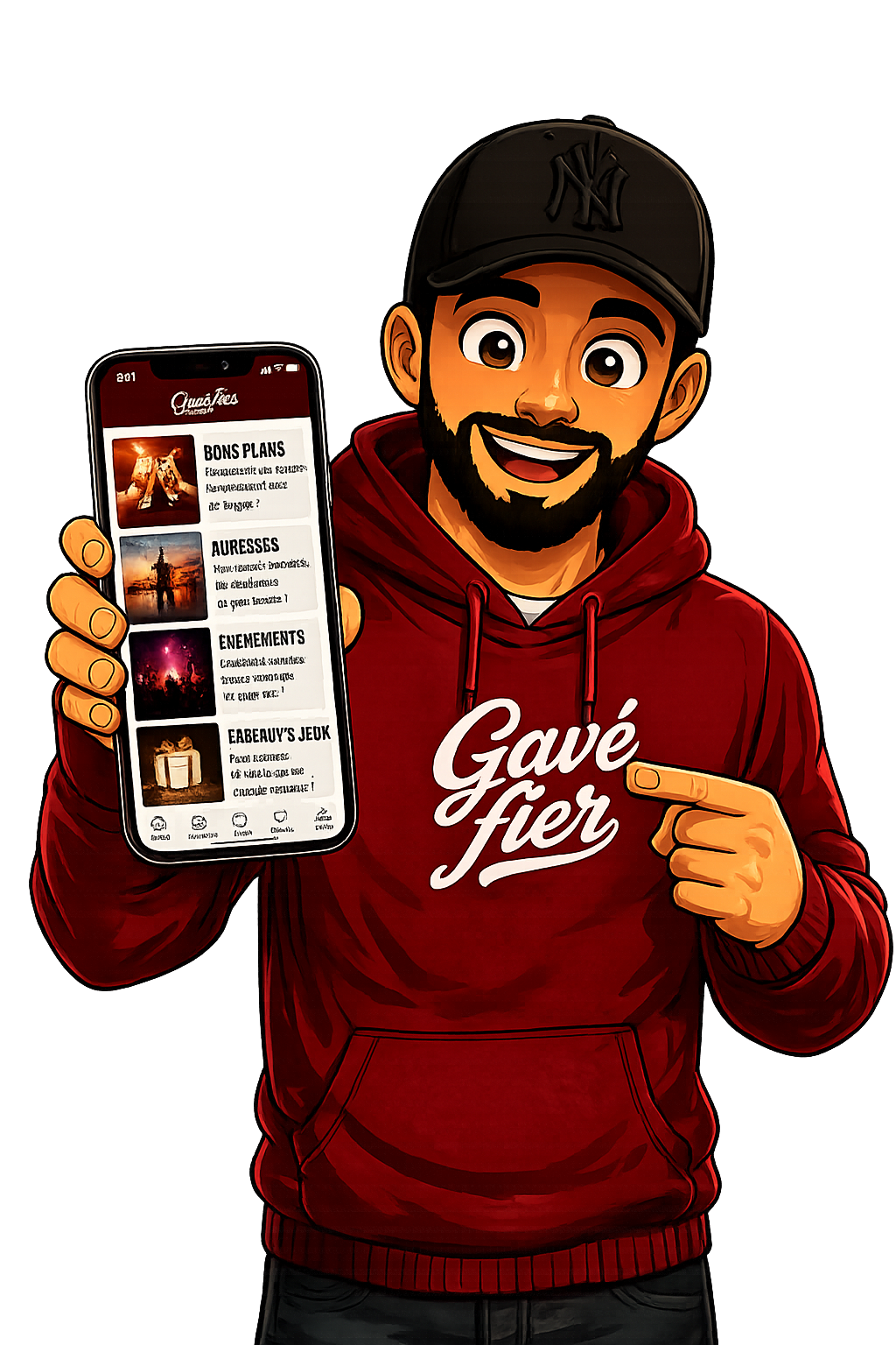 Personnage Gavé fier présentant l'application