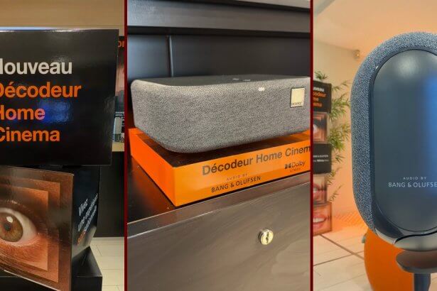 Trois photos du Décodeur Home Cinema d'Orange : le totem Nouveau Décodeur Home Cinema, le boîtier sur son socle orange et une enceinte immersive Bang & Olufsen