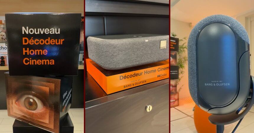Trois photos du Décodeur Home Cinema d'Orange : le totem Nouveau Décodeur Home Cinema, le boîtier sur son socle orange et une enceinte immersive Bang & Olufsen